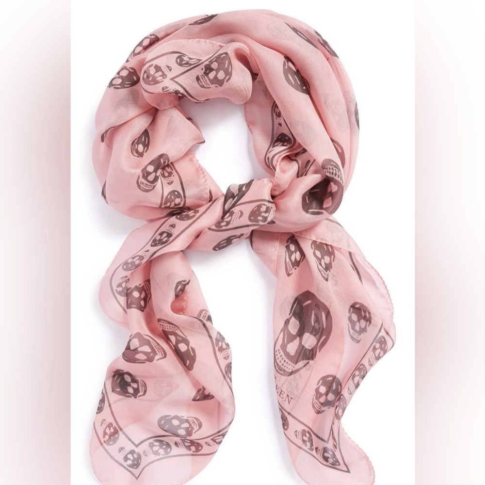 Never worn Alexander McQueen Pink Silk Chiffon Skull Scarf